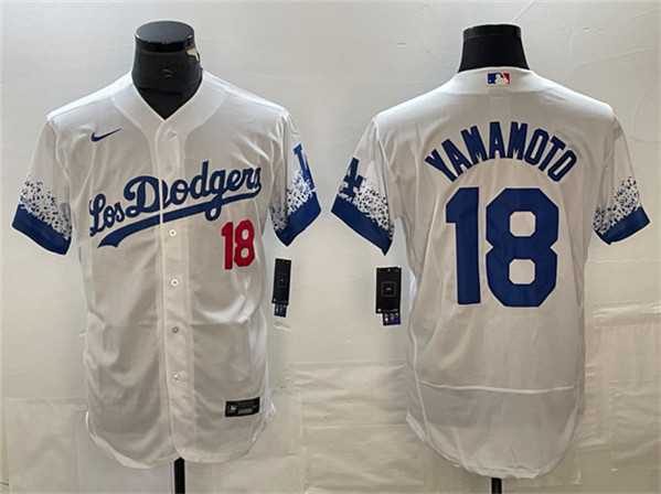 Mens Los Angeles Dodgers #18 Yoshinobu Yamamoto White City Connect Flex Base Stitched Baseball Jersey